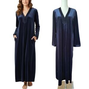 OSCAR de la RENTA Velvet Long Caftan Small/Medium Midnight Blue Long Sleeve